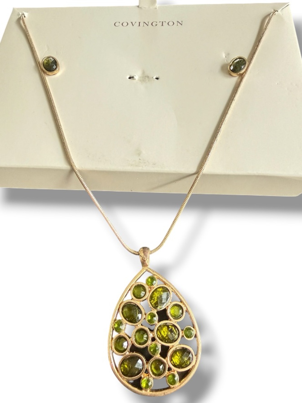 Covington Women’s Gold-Tone Teardrop Necklace Olive Green Gemstones Earrings Set